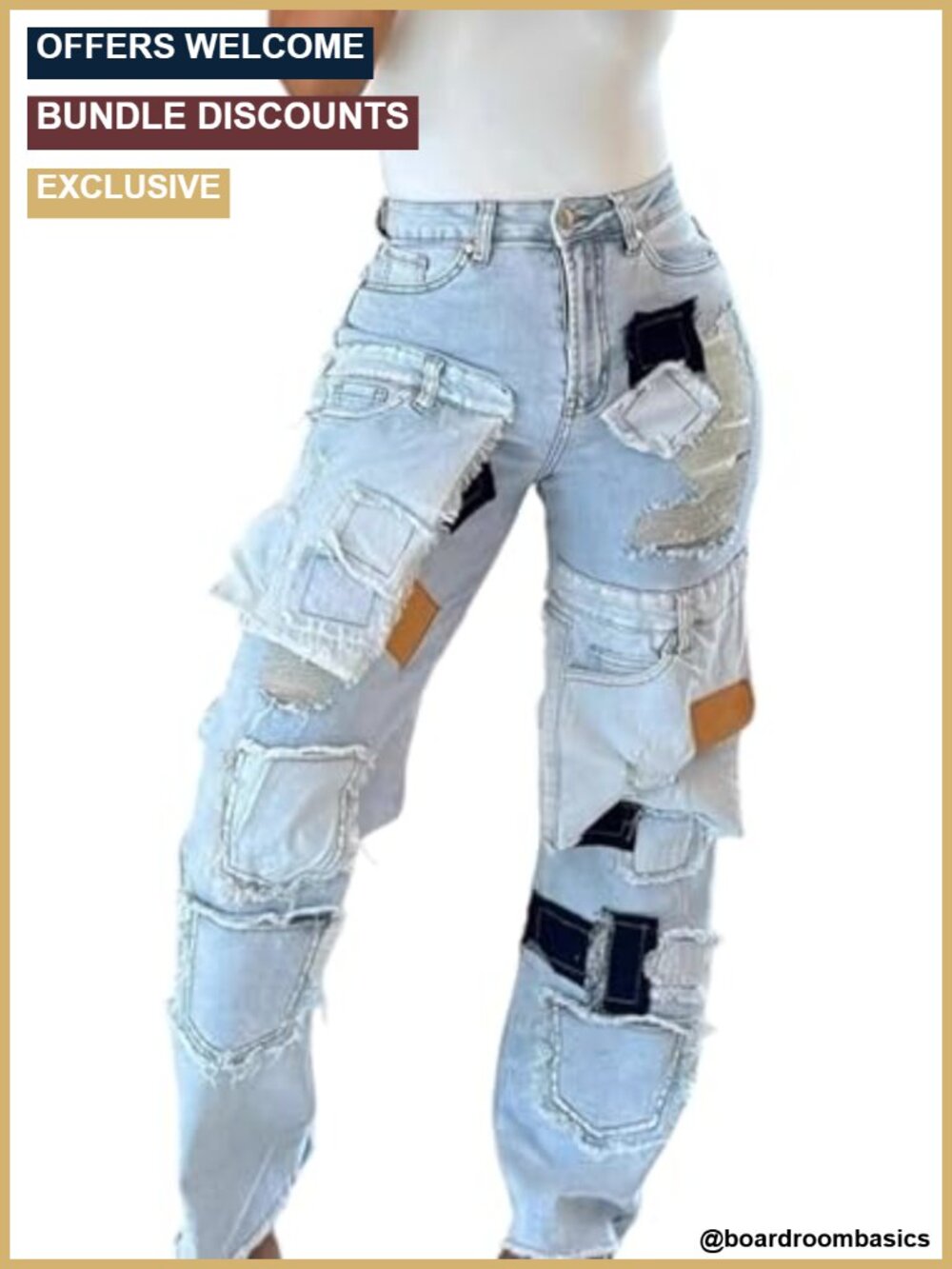 Women Patchwork Distressed High Waisted Wide Leg Jeans